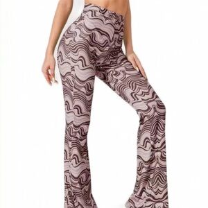 TRIPPY PATTERN BROWN AND MAUVE FLARE STRETCHY HIGH WAISTED DANCE PANTS